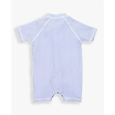 Periwinkle blue seersucker short sleeve one-piece rash guard with white stripes, designed for sun protection.