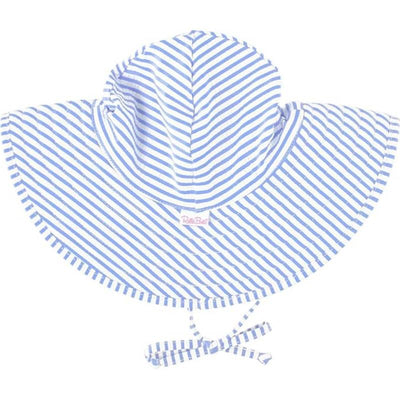 Periwinkle blue seersucker swim hat with wide brim and adjustable ties, designed for toddlers aged 12M to 2T.