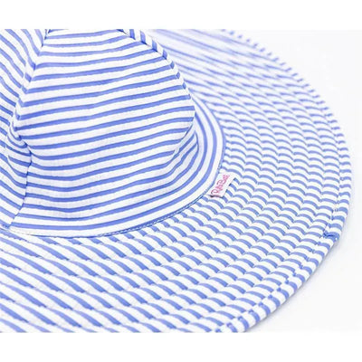 Periwinkle blue seersucker swim hat with white stripes, designed for children ages 3T to 5, featuring a small pink logo.