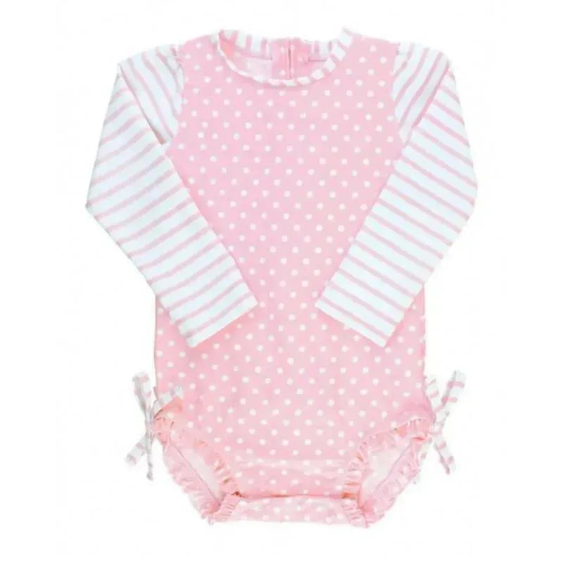 Rufflebutts - Pink Polka Dot One Piece Rash Guard, 6/12M Image 1