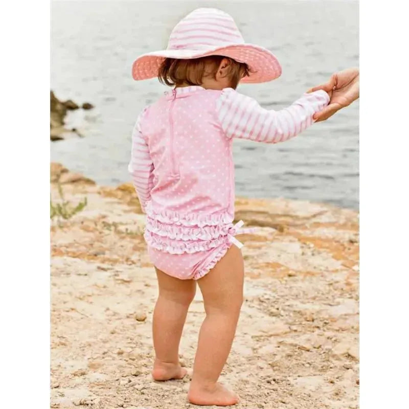 Rufflebutts - Pink Polka Dot One Piece Rash Guard, 6/12M Image 2