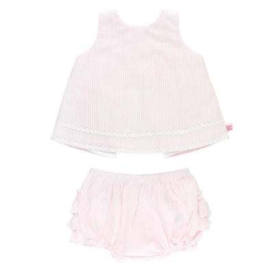 Pink seersucker swing top with white ric rac trim and matching bloomer shorts, designed for infants 0 to 3 months.