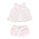 Rufflebutts pink seersucker swing top with white trim and matching ruffled bloomer shorts with a bow, size 0/3M.