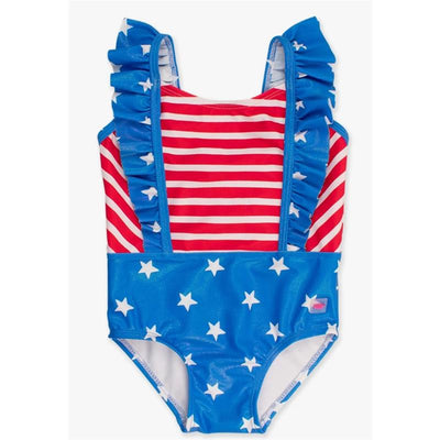 Shimmer Stars & Stripes Pinafore One Piece by Rufflebutts, featuring red and white stripes and a blue bottom with white stars.