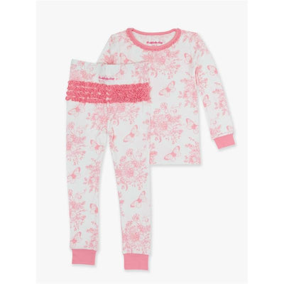 Toddler long sleeve pajama set featuring bubblegum pink ruffles, floral and butterfly patterns on white fabric.