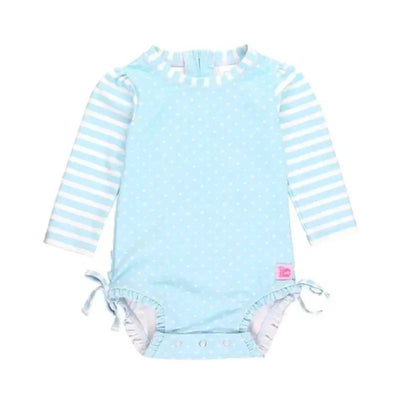 Rufflebutts - Tropical Breeze Heart Polka Dot Long Sleeve Rash Guard, Blue Image 1