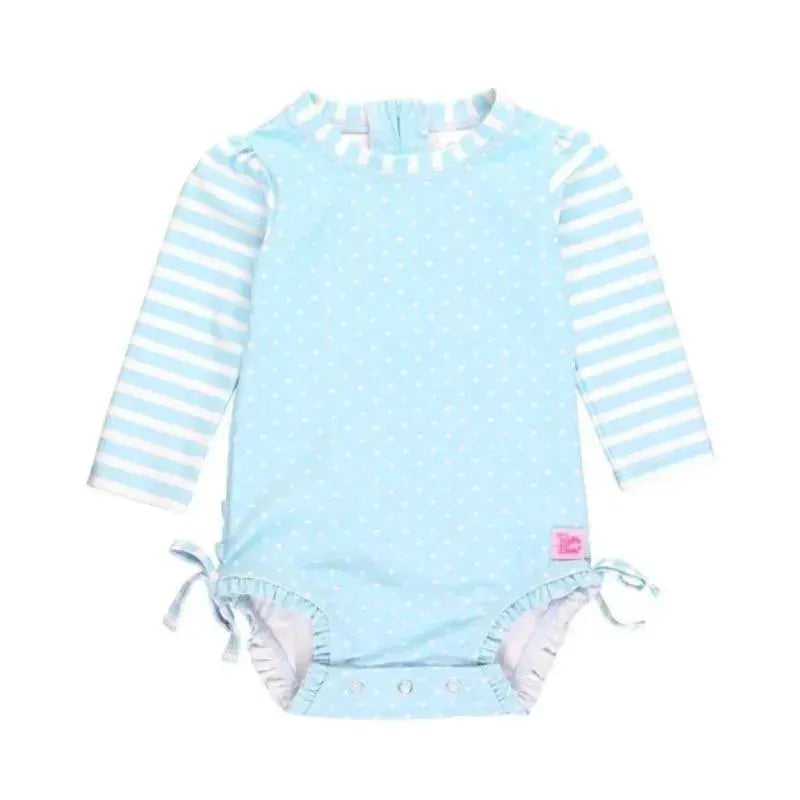 Rufflebutts - Tropical Breeze Heart Polka Dot Long Sleeve Rash Guard, Blue Image 1