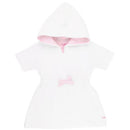White cover-up with a pink seersucker hood and bow detail, designed for infants aged 3 to 6 months.