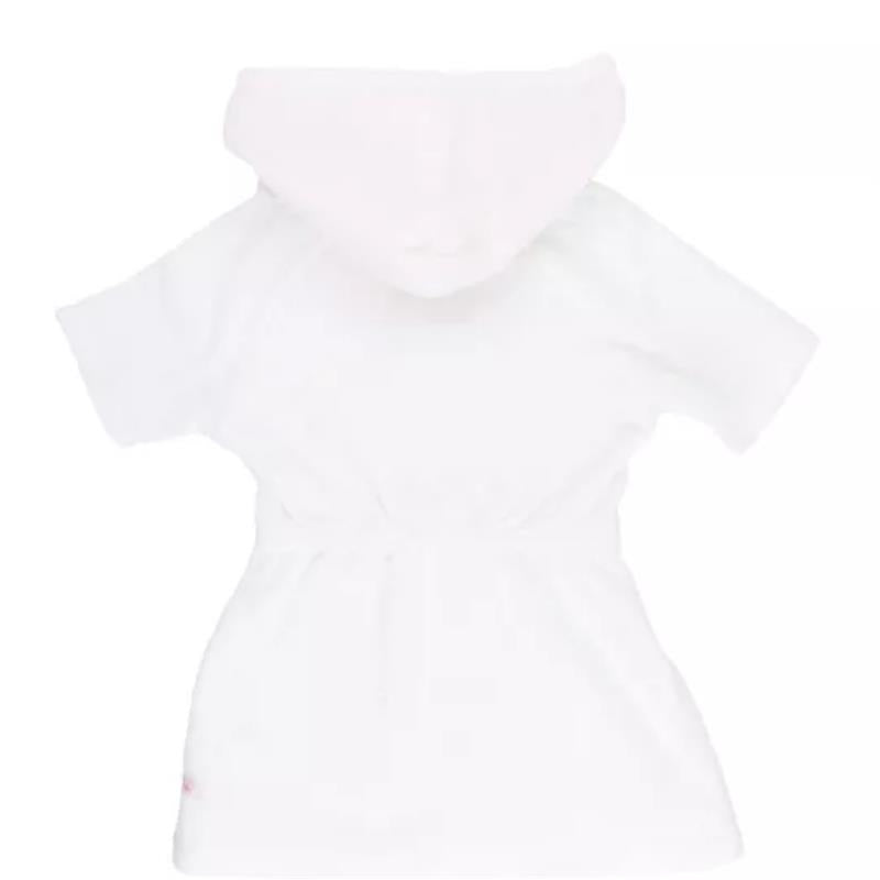White cover-up with pink seersucker terry fabric, featuring a hood and short sleeves, sized for infants 3 to 6 months.