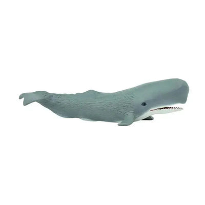 Sperm whale figurine from Safari Ltd, featuring a gray body with detailed texture and a distinctive head shape.