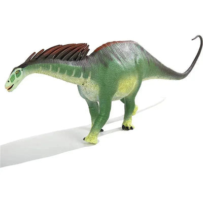 Green Amargasaurus dinosaur figure with a long neck and distinctive crest, part of the Safari Ltd Wild Safari Prehistoric World collection.