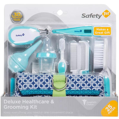Deluxe Healthcare & Grooming Kit by Safety 1st, featuring 25 pieces including a thermometer, combs, and a nasal aspirator, in Arctic Blue.