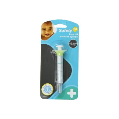 Safety 1St Easy Fill Medicine Syringe in packaging, featuring a roll-proof design and measurement markings.