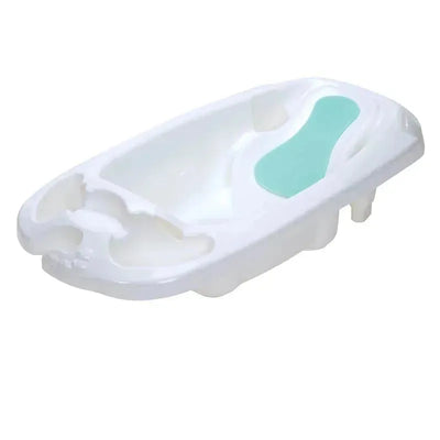Newborn to toddler bathtub in white plastic with a soft teal insert for added comfort and safety during bath time.
