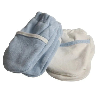 Blue and white no-scratch mittens designed for infants, featuring soft fabric and elastic cuffs.