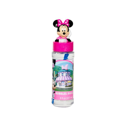 Minnie Mouse bubble wand with a pink cap and 8 oz bubble solution bottle featuring a colorful design.