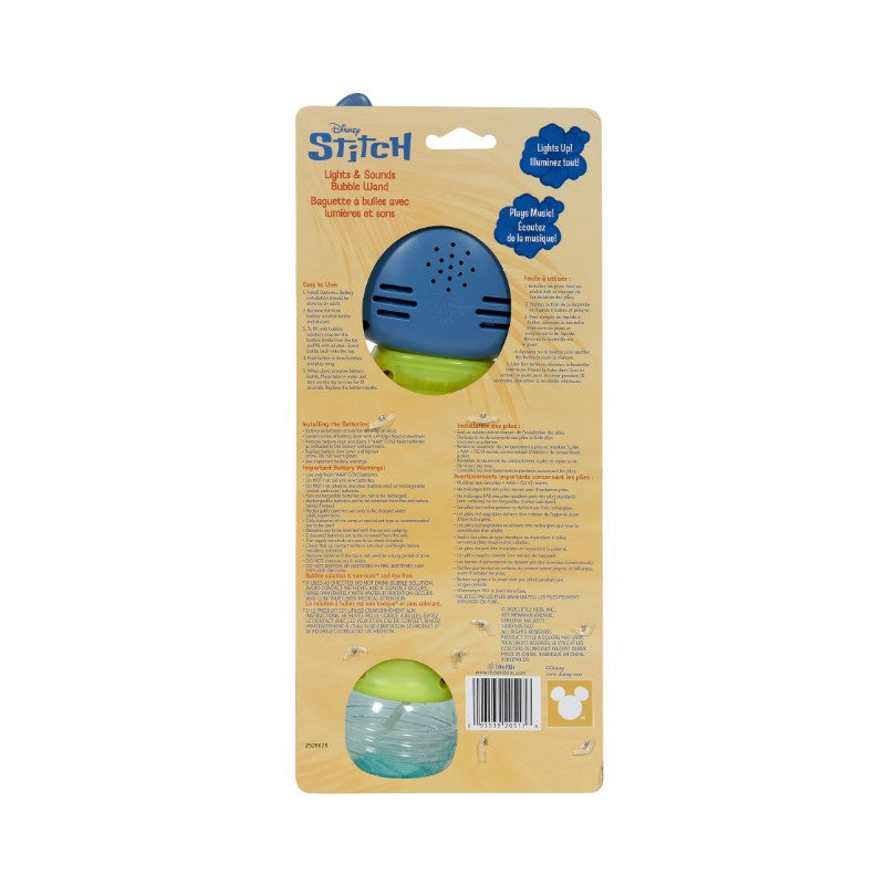 Disney Stitch Lights and Sounds Musical Bubble Wand packaging features a blue and green bubble wand with sound and light effects.