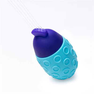 Sassy 3-Piece Easy Squeezies Bath Toy, featuring a blue body with purple top and a textured grip.