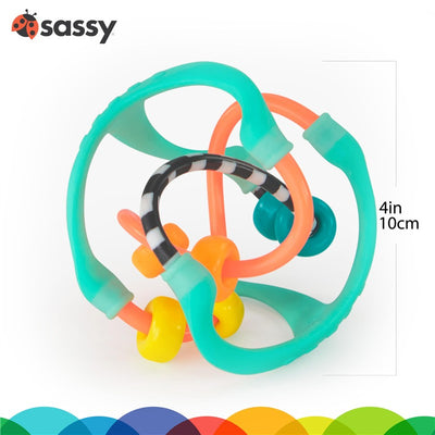 Colorful Sassy Busy Ball toy featuring interconnected loops and beads, measuring 4 inches, designed for sensory play.