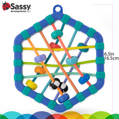 Colorful hexagonal sensory toy with beads and strings, measuring 6.5 inches, designed for developmental play.