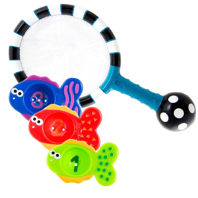 Colorful bath toy set featuring a net and three numbered fish, encouraging counting and playtime in the water.