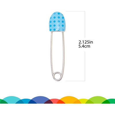 Decorative diaper pin in bright blue with polka dots, measuring 2.125 inches, ideal for baby showers or diaper decor.
