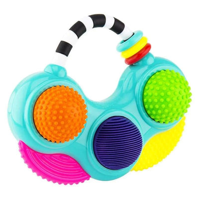 Colorful textured toy featuring five tactile buttons in bright colors, designed for sensory play and music interaction.
