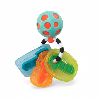 Colorful baby toy keys with a turquoise ball and bright plastic shapes in orange, green, and blue.