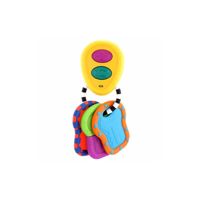 Brightly colored toy key set featuring a yellow key fob with buttons and five colorful key attachments.