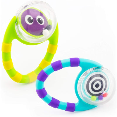 Colorful Sassy Flip & Grip Rattle 2-Piece Set featuring a purple character and a target design, promoting sensory play.