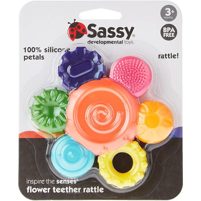Sassy Silicone Flower Teether Rattle featuring various colorful silicone petals, designed for sensory exploration and teething.