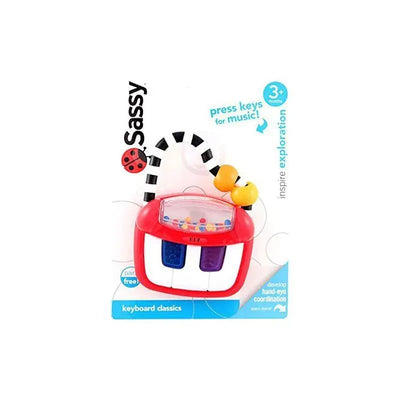 Developmental toy Keyboard Classics by Sassy featuring colorful keys, a ladybug, and a black and white striped handle for musical play.