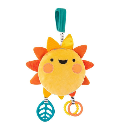 Sassy My Little Sunshine Mirror, a plush sun toy with colorful rays and attached activity rings and leaves.
