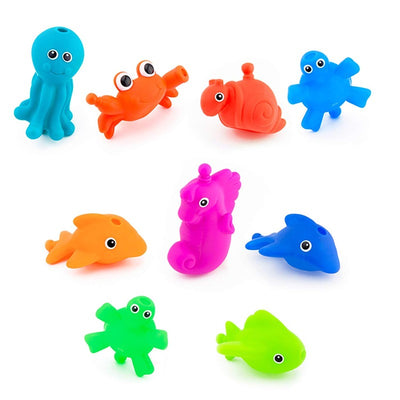 Colorful set of 9 bath toys featuring sea creatures like an octopus, crab, snail, seahorse, and fish, designed for water play.