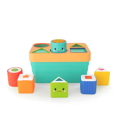 Colorful Sassy Sushi Sorter featuring various sushi-shaped blocks and a smiling container with shape cutouts for sorting.