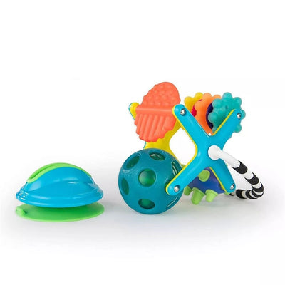 Colorful sensory toy with various textures and shapes, including a ball, suction base, and twirling parts for babies.