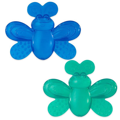 Water-filled butterfly teethers in blue and green, featuring textured wings for sensory stimulation and soothing.