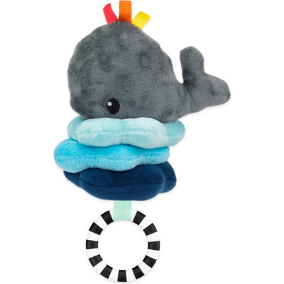Sassy Wavy Whale Jitter toy featuring a plush gray whale atop wavy blue and teal layers, with a black-and-white ring handle.