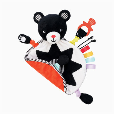 Sassy Wimmer Bear Lovey featuring a black bear head, colorful tags, and soft blanket in vibrant colors.