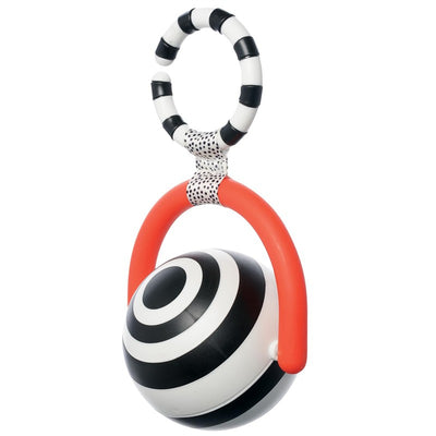 Sassy Wimmer Bullseye Ball with black and white spiral pattern, attached to a red and black striped handle.