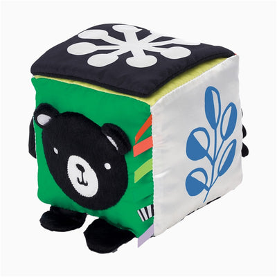 Sassy Wimmer Discovery Cube featuring a plush bear design with colorful patterns and soft textures for sensory play.