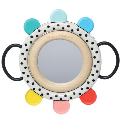 Sassy Wimmer Grasp & See Mirror with a polka dot frame and colorful handles, designed for infant engagement.