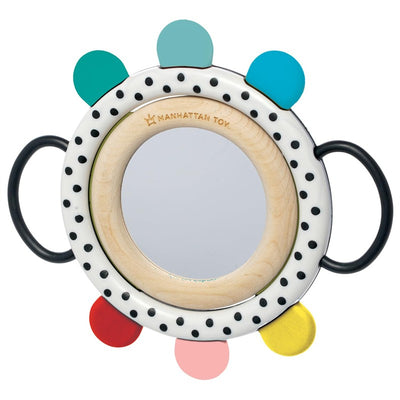 Sassy Wimmer Grasp & See Mirror with colorful handle grips, polka dots, and a central reflective surface.