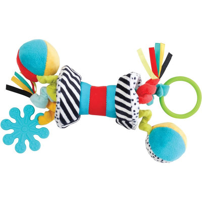 Sassy Wimmer Zaggles, a colorful baby toy featuring a flexible design, textured elements, and a chewable ring.