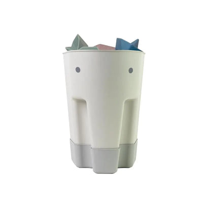 Grey Shnuggle Ellie Bath Toy Storage Scoop with a playful elephant design, filled with colorful bath toys.