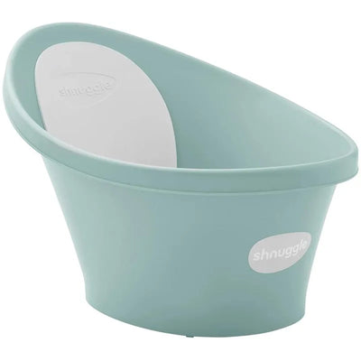 Newborn baby bath in eucalyptus color, featuring a comfortable sloped design and a plug for easy drainage.