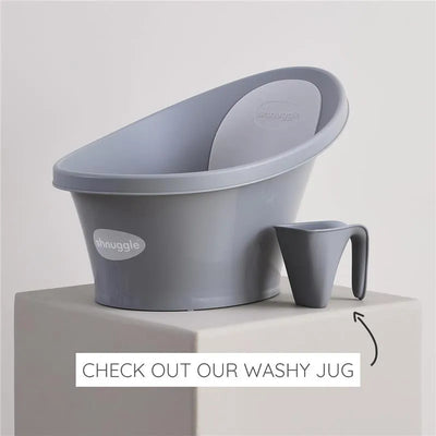 Newborn baby bath in pebble grey with a companion wash jug, both featuring smooth edges and ergonomic design.