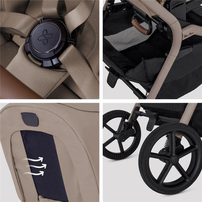 Silver Cross Breez Compact Stroller in Champagne, featuring adjustable straps, a storage basket, ventilation panel, and durable wheels.