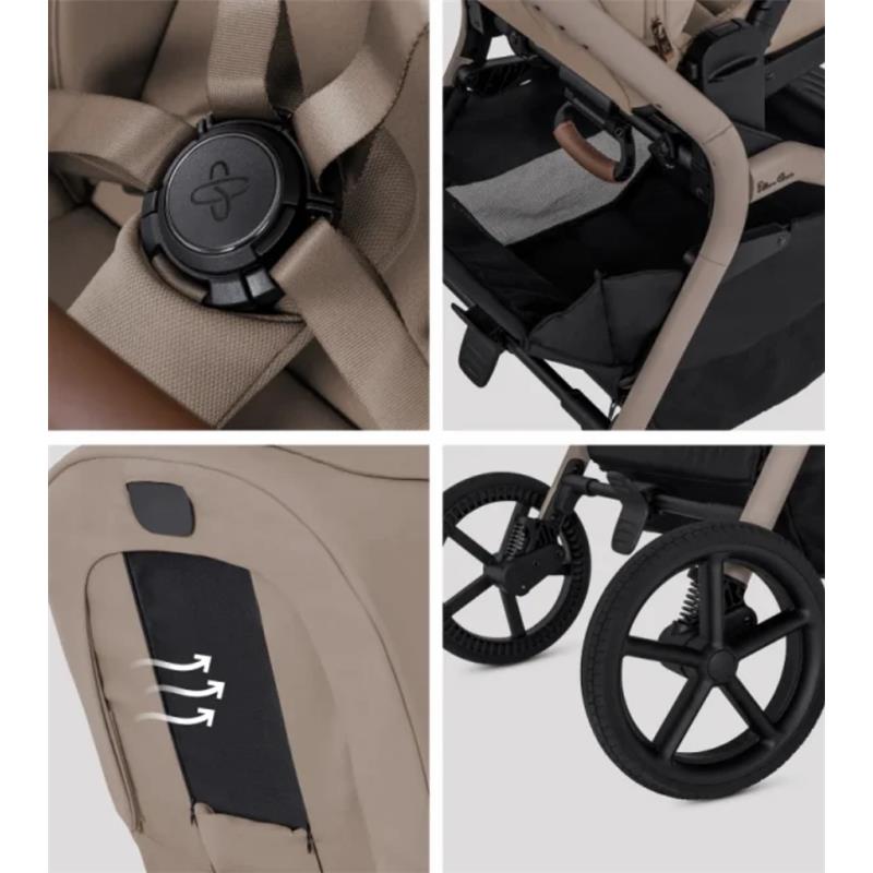 Silver Cross Breez Compact Stroller in Champagne, highlighting harness, storage compartment, and rear wheels design.