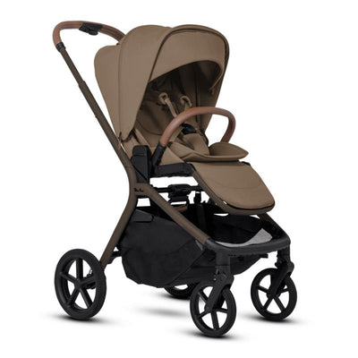 Compact Silver Cross Breez stroller in Maple color with a brown canopy, handle, and fabric seat, featuring a storage basket.